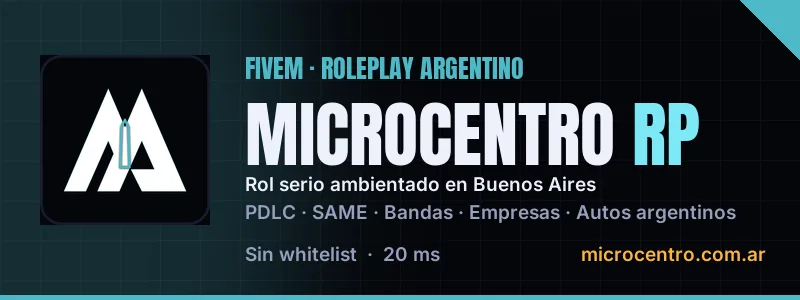 🎮 MICROCENTRO RP |🏓 20 PING |🇦🇷 ROL SERIO · BUENOS AIRES |🚗 ENFIERRA TU AUTO Y PONELO AL PISO 🚗|💊 DROGAS UNICAS 💊|✅ OPTIMIZACION UNICA ✅|💰 ECONOMIA ESTABLE 💰|🚓 PDLC 🚓|🚑 SAME 🚑|💣 MAFIAS & BANDAS 💣| microcentro.com.ar · discord.gg/5UfqAJnect
